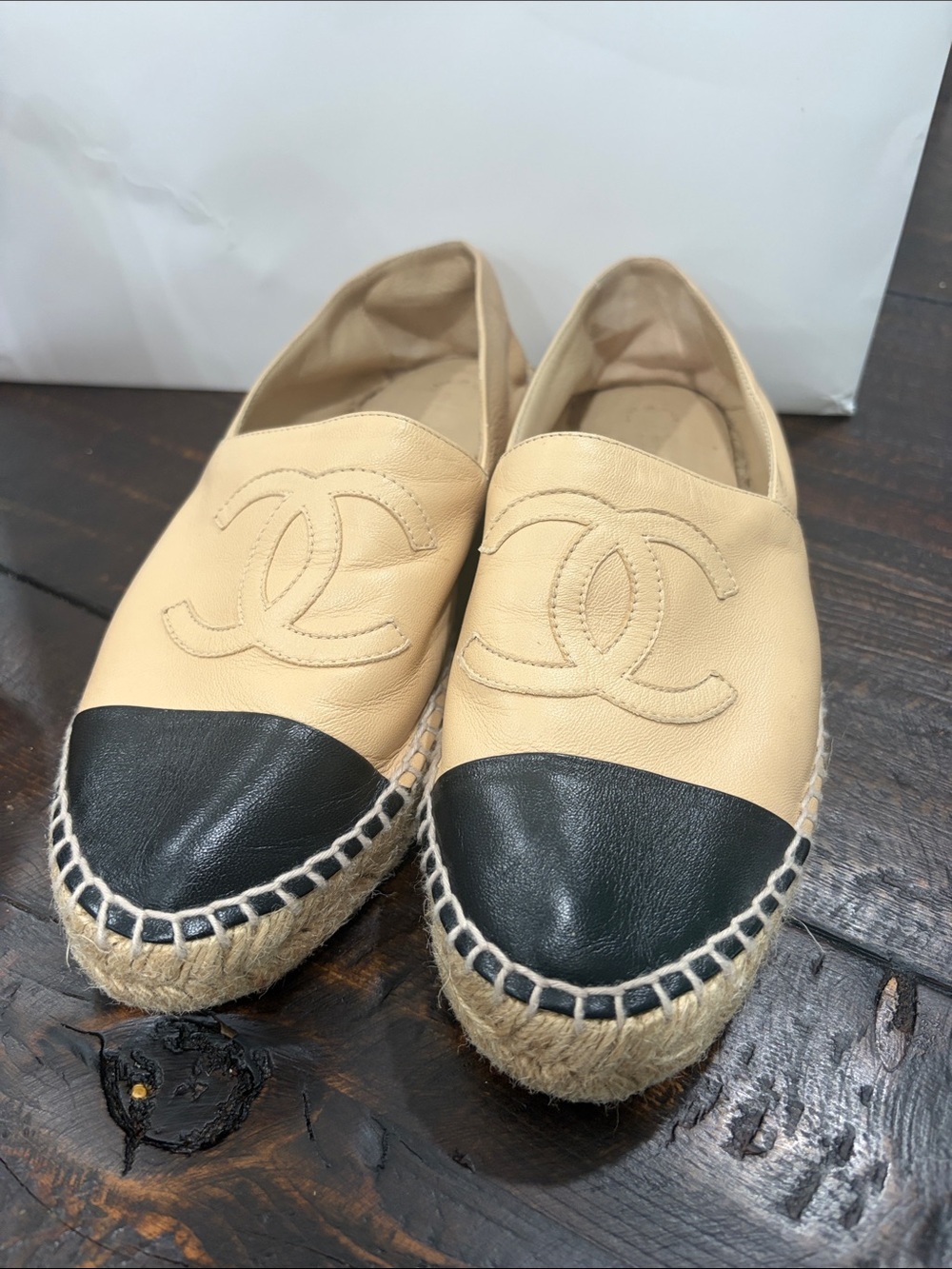 CHANEL Beige Leather Espadrilles with Black Cap Toe